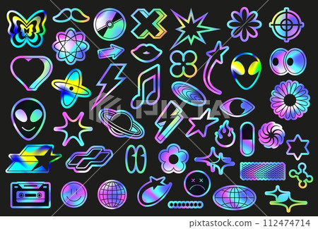 Iridescent holo stickers pack. Fluorescent retro 90s style symbols, Y2K icons and holographic gradient decals vector set 112474714