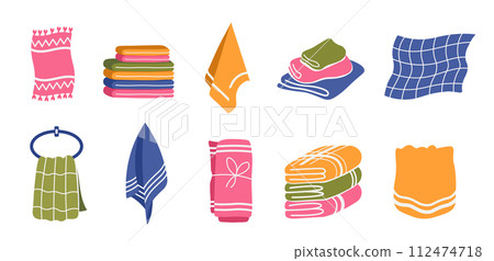 Household towel silhouettes. Fresh soft clothes of different colors for kitchen and bathroom. Fluffy fabric for face, hand and body Household towel silhouettes. Fresh soft clothes of different colors for kitchen and bathroom. Fluffy fabric for face, hand and body 112474718