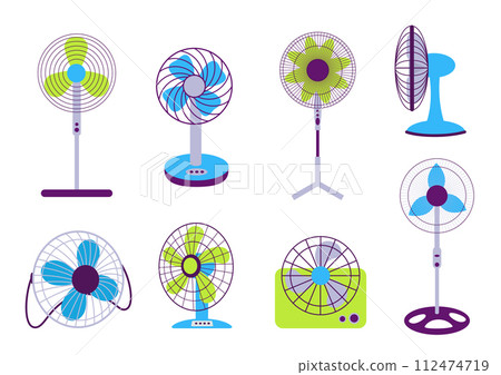 Electric fans. Cooling appliances for hot summer season. Home or office equipment for floor, table or wall 112474719