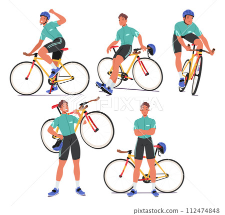 Energetic Cyclist Character Pedals his Bike, Celebrate Victory with Fist Up Gesture, Holding Bicycle on Shoulder, Relax Energetic Cyclist Character Pedals his Bike, Celebrate Victory with Fist Up Gesture, Holding Bicycle on Shoulder, Relax 112474848