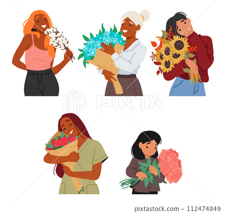 Women Characters Clutching Flower Bouquets, Their Faces Illuminated By Smiles, Embody Grace And Joy, Vector Illustration 112474849