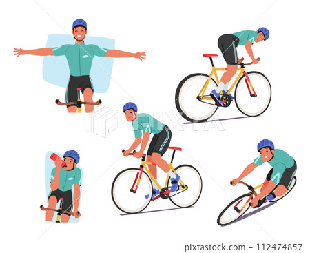 Sportsman Cyclist Character Rides Fiercely, Occasionally Outstretch Hands To Celebrate Victory, Vector Illustration 112474857