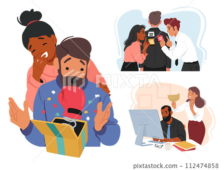 On April Fools Day Friend Characters Execute Harmless Pranks, Like Boxing Glove in Gift Box, Sticky Notes on Back 112474858
