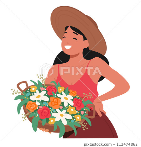 Woman Clutches Basket Filled with Vibrant Flowers, Its Myriad Colors Complementing Her Joyful Expression on Smiling Face 112474862