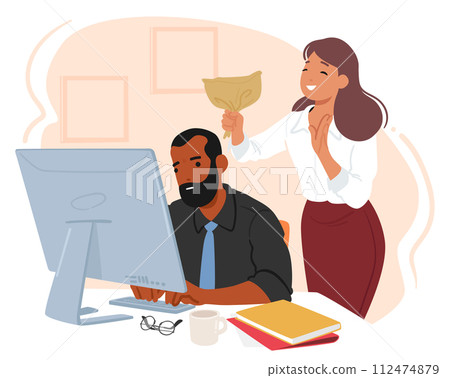 On April Fools Day Woman Character Sneakily Crept Up Behind Her Friend or Colleague in Office And Loudly Burst Paper Bag On April Fools Day Woman Character Sneakily Crept Up Behind Her Friend or Colleague in Office And Loudly Burst Paper Bag 112474879