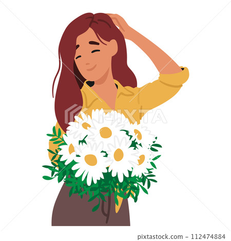 Graceful Maiden Character Posing with Bouquet Of Chamomile Blooms, Their Delicate Petals Mirroring Her Youth Graceful Maiden Character Posing with Bouquet Of Chamomile Blooms, Their Delicate Petals Mirroring Her Youth 112474884