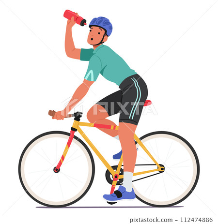Cyclist Sportsman Character Pedaling, Discover Empty Water Bottle, Parched, Seeking Hydration, Persists Through The Ride 112474886