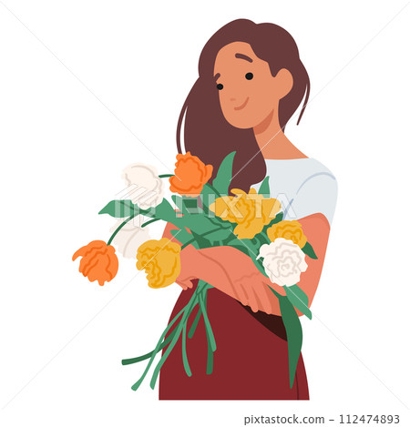 Woman Cradles A Vibrant Bouquet with Orange, Yellow and white Petals, Her Eyes Bloom With Joy, A Garden In Her Hands Woman Cradles A Vibrant Bouquet with Orange, Yellow and white Petals, Her Eyes Bloom With Joy, A Garden In Her Hands 112474893