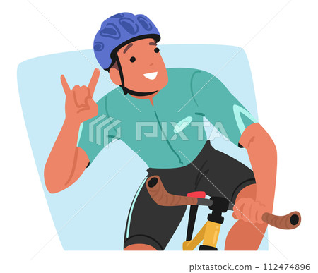 Sportsman Cyclist Confidently Rides His Bike, While Flashing The Iconic Rock Gesture, Exuding A Spirit Of Determination Sportsman Cyclist Confidently Rides His Bike, While Flashing The Iconic Rock Gesture, Exuding A Spirit Of Determination 112474896