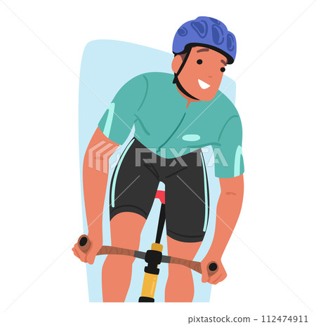 Sportsman Cyclist Gracefully Pedals, With A Radiant Smile, Embodying Joy In Motion. The Rhythmic Spin Of Wheels 112474911