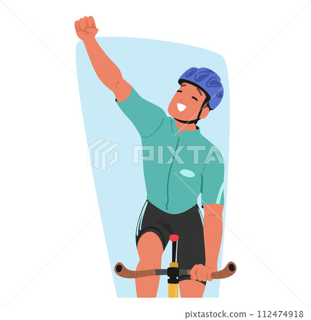 Triumphant Cyclist Character Exuberantly Raised A Victorious Fist, Beaming With A Radiant Smile, Embodying The Sheer Joy Triumphant Cyclist Character Exuberantly Raised A Victorious Fist, Beaming With A Radiant Smile, Embodying The Sheer Joy 112474918
