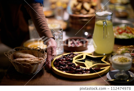 In this modern portrayal, a European Islamic family partakes in the tradition of breaking their Ramadan fast with dates, symbolizing unity, cultural heritage, and spiritual observance during the holy 112474978