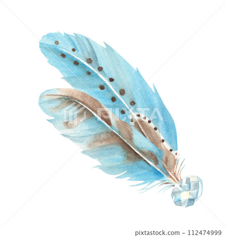 Watercolor composition from blue feathers and crystal isolated on white background. Hand drawn illustration. Design element for decoration, dream catcher, cards and textile prints. 112474999