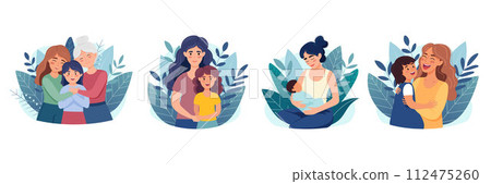 Set of illustration for Mothers Day, concept of happy motherhood, women with kids. Colorful vector illustrations in cartoon flat style. Set of illustration for Mothers Day, concept of happy motherhood, women with kids. Colorful vector illustrations in cartoon flat style. 112475260