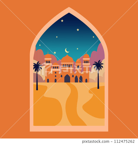 Islamic window with moon, mosque dome and stars. Desert landscape in oriental style, Ramadan month, modern boho design 112475262