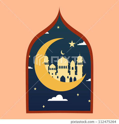 Islamic window arch with moon, mosque dome and stars in oriental style, Ramadan month, modern boho design Islamic window arch with moon, mosque dome and stars in oriental style, Ramadan month, modern boho design 112475264
