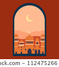 Islamic window with moon, mosque dome and stars. Desert landscape in oriental style, Ramadan month, modern boho design 112475266