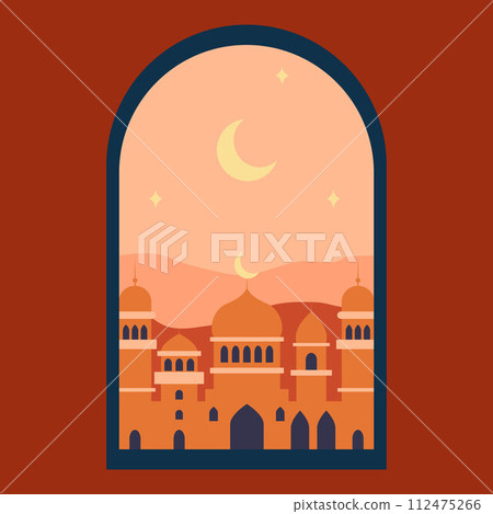 Islamic window with moon, mosque dome and stars. Desert landscape in oriental style, Ramadan month, modern boho design Islamic window with moon, mosque dome and stars. Desert landscape in oriental style, Ramadan month, modern boho design 112475266