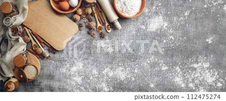 Bread flour with egg, butter and accessories bakery on wood background, prepare for bakery  112475274