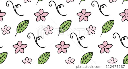 Tropical plants seamless pattern. Leaves and flowers. Hand drawn doodles isolated on white background. Colored vector design in cartoon style for fabric, scrapbooking or packaging. Tropical plants seamless pattern. Leaves and flowers. Hand drawn doodles isolated on white background. Colored vector design in cartoon style for fabric, scrapbooking or packaging. 112475287