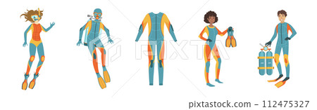 Man and Woman with Diving Equipment and Underwater Swimming Appliance Vector Set 112475327