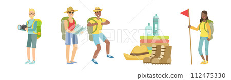 People Character Hiking and Trekking Have Outdoor Adventure Vector Set 112475330