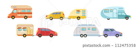 Camping Caravan and Recreational Vehicle with Car Vector Set 112475358