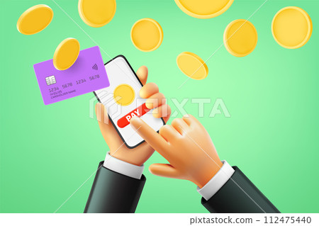 Man making payment via smartphone. 3d vector illustration Man making payment via smartphone. 3d vector illustration 112475440