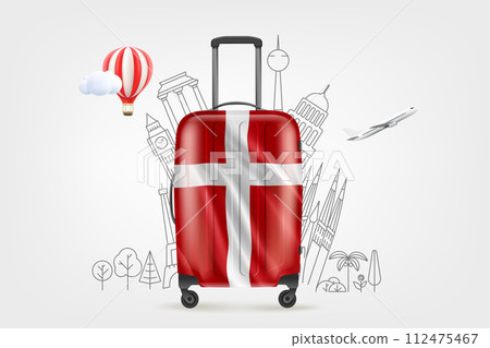 Plastic travel bag with danish flag and famous world sights. 3d vector illustration Plastic travel bag with danish flag and famous world sights. 3d vector illustration 112475467