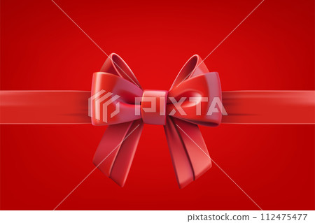 Red ribbon with bow on red background. 3d vector design template 112475477