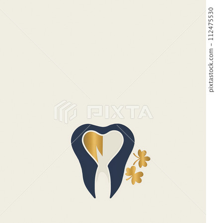 AI-generated content. Dentistry Mockup St Patrick Holiday. Blue Healthy Tooth With Golden Shamrocks Plant Flower On Beige Background. Copy Space for Text. Fortune. Vertical Design. Minimal Ai 112475530