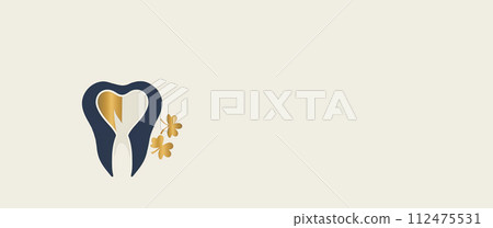 AI-generated content. Dentistry Banner St Patrick Holiday. Blue Healthy Tooth With Golden Shamrocks Plant Flower On Beige Background. Copy Space for Text. Fortune. Horizontal Design. Minimal Ai 112475531