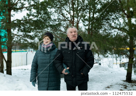 Happy elderly couple walking in the park in winter 112475532
