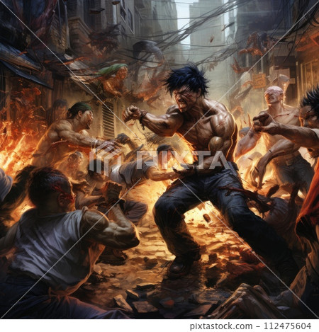 AI-generated content. A depiction of a group of men actively fighting in the streets of a bustling city. AI-generated content. A depiction of a group of men actively fighting in the streets of a bustling city. 112475604