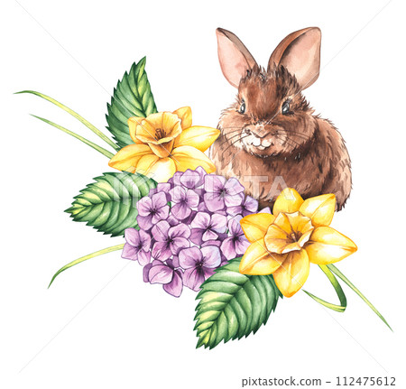Watercolor spring cute bunny with hydrangea, daffodil and tulip Watercolor spring cute bunny with hydrangea, daffodil and tulip 112475612