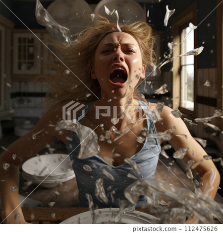 AI-generated content. A woman sitting in a kitchen with her mouth open in a moment of hysterics. AI-generated content. A woman sitting in a kitchen with her mouth open in a moment of hysterics. 112475626