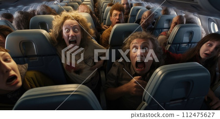 AI-generated content. A group of passengers on an airplane with their mouths open, reacting to an emergency situation. AI-generated content. A group of passengers on an airplane with their mouths open, reacting to an emergency situation. 112475627