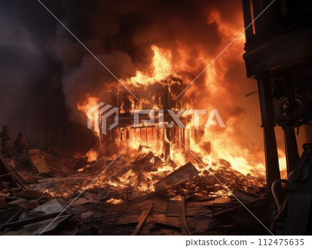 AI-generated content. A devastating fire rages through a large building as firefighters battle to contain the inferno. AI-generated content. A devastating fire rages through a large building as firefighters battle to contain the inferno. 112475635