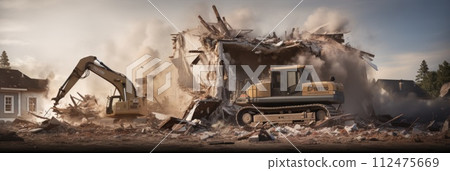 AI-generated content. A bulldozer is seen actively excavating through a destroyed house during a demolition. 112475669