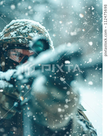 AI-generated content. A soldier stands in the snow, holding a gun. 112475698