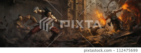 AI-generated content. A painting capturing a fierce street fight between a group of men in a building that has been reduced to rubble. 112475699