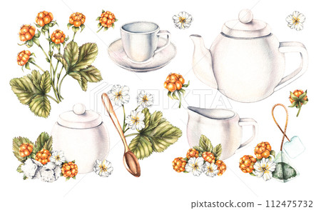 Watercolor white tea set, tea bags, sugar and cloudberries isolated on white Watercolor white tea set, tea bags, sugar and cloudberries isolated on white 112475732
