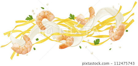 Fettuccine pasta with shrimps and cream sauce isolated on white background with clipping path Fettuccine pasta with shrimps and cream sauce isolated on white background with clipping path 112475743
