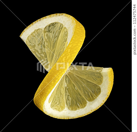 Twisted lemon slice isolated on black background, full depth of field Twisted lemon slice isolated on black background, full depth of field 112475744