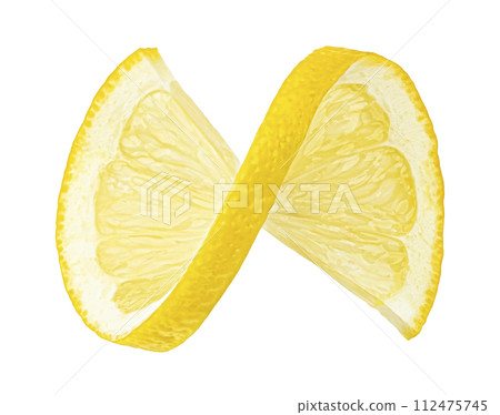 Twisted lemon slice isolated on white background with clipping path, full depth of field Twisted lemon slice isolated on white background with clipping path, full depth of field 112475745