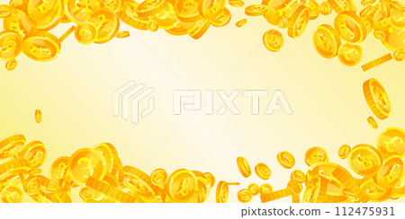 British pound coins falling. Scattered gold GBP British pound coins falling. Scattered gold GBP 112475931