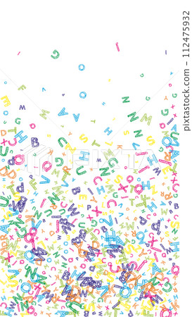 Falling letters of English language. Colorful messy sketch flying words of Latin alphabet. Foreign languages study concept. Dazzling back to school banner on white background. 112475932