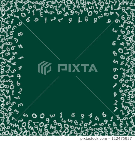 Falling handdrawn chalk numbers. Math study concept with flying digits. Dazzling back to school mathematics banner on blackboard background. Falling numbers illustration. 112475937