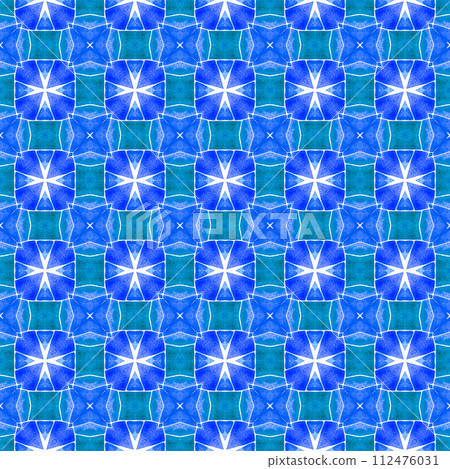 Watercolor ikat repeating tile border. Blue 112476031