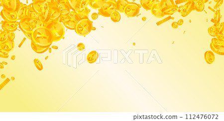 Japanese yen coins falling. Scattered gold JPY Japanese yen coins falling. Scattered gold JPY 112476072